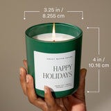Sweet Water Decor Happy Holidays candle with dimensions: 3.25 in width, 4 in height