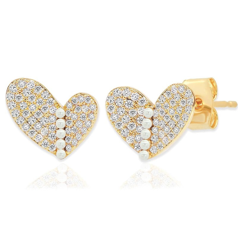Gold pave heart stud earrings with diamonds and pearls on white background