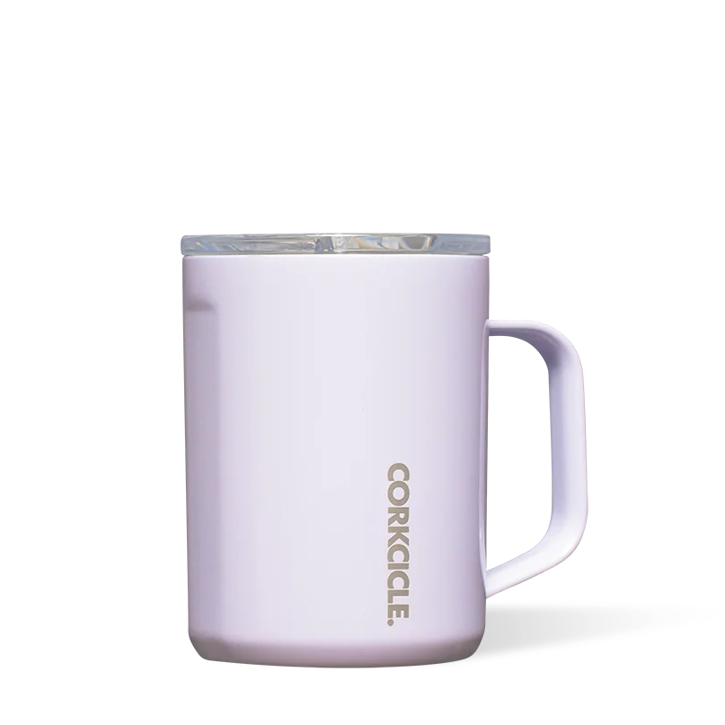 Corkcicle 16oz Coffee Mug in Lavender Fog, a pale purple insulated mug with handle and lid