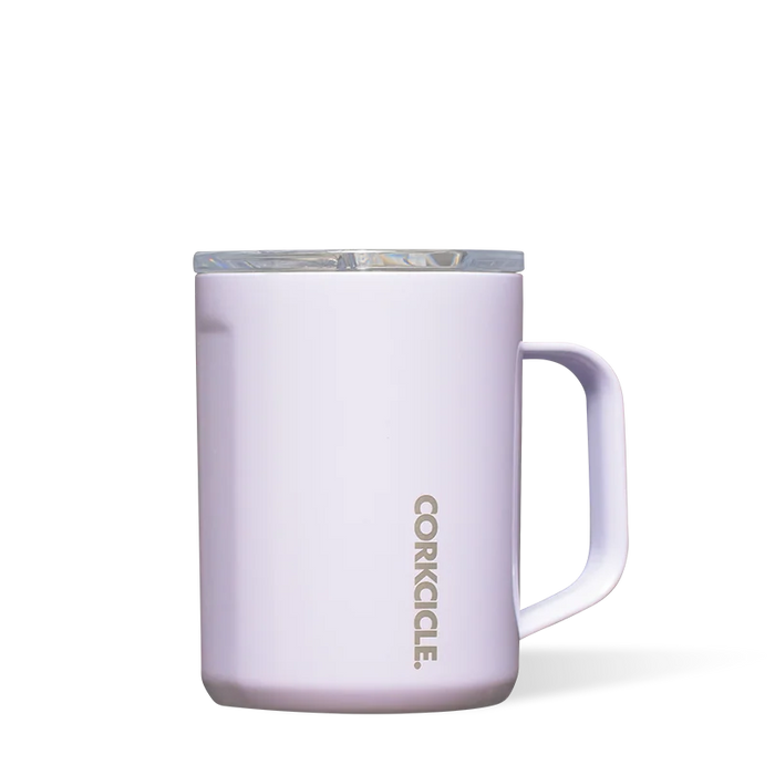 Corkcicle 16oz Coffee Mug in Lavender Fog, a pale purple insulated mug with handle and lid