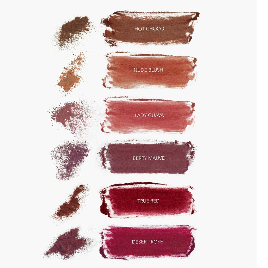 CLE Cosmetics Melting Lip Powder color swatches showing six shades from Hot Choco to Desert Rose