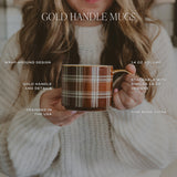 Gold handle brown plaid mug with product features labeled: wrap-around design, 14 oz volume, fine bone china