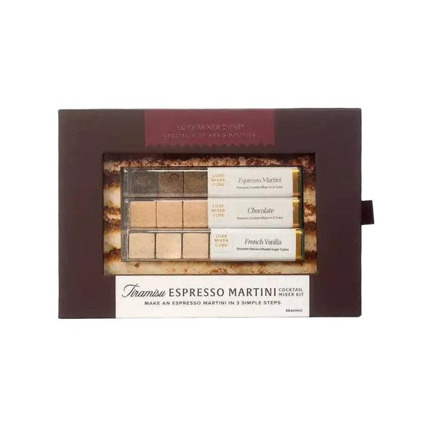 Tiramisu Martini Mixer Kit box with espresso, chocolate, and French vanilla cube tubes