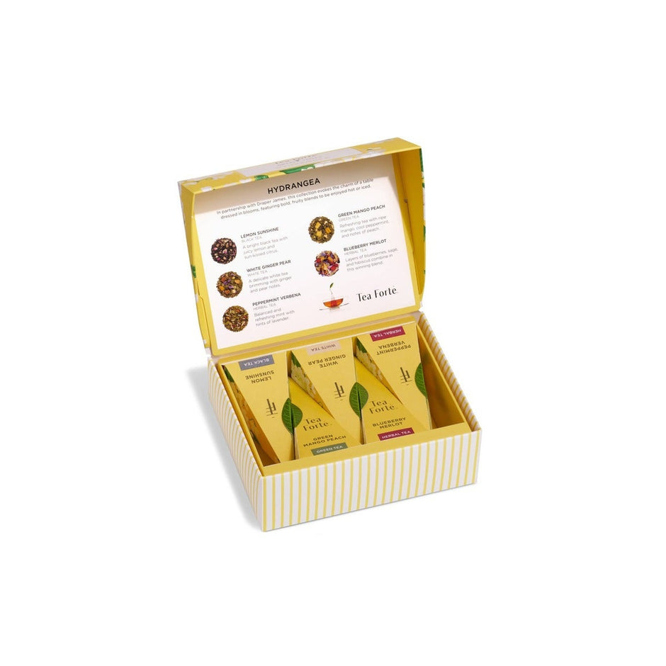 Tea Forte Hydrangea Mini Petite Presentation Box with assorted herbal tea packets displayed