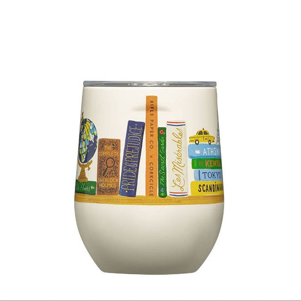 Corkcicle 12oz stemless wine tumbler with Rifle Paper Book Club design on white background
