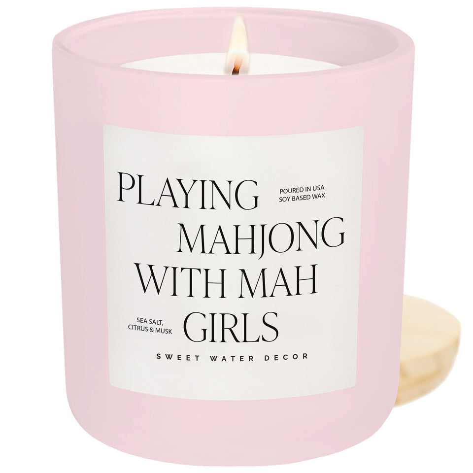 Playing Mahjong with Mah Girls 15 oz soy candle in pink glass jar by Sweet Water Decor