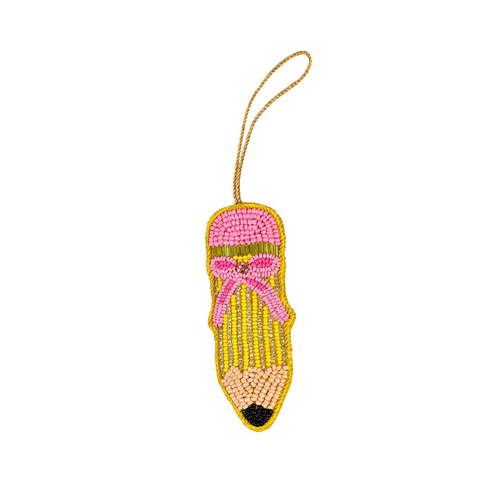 Beaded pencil ornament with pink beads, yellow outline, and twine loop for hanging
