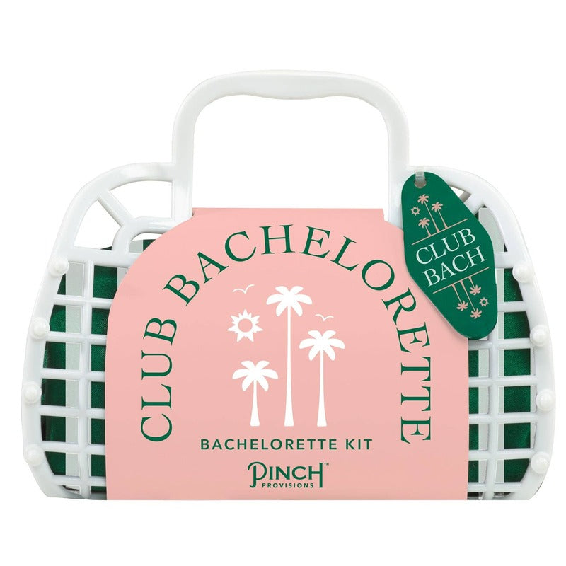 PINCH PROVISIONS Club Bachelorette Kit white wicker basket with pink label and green tag