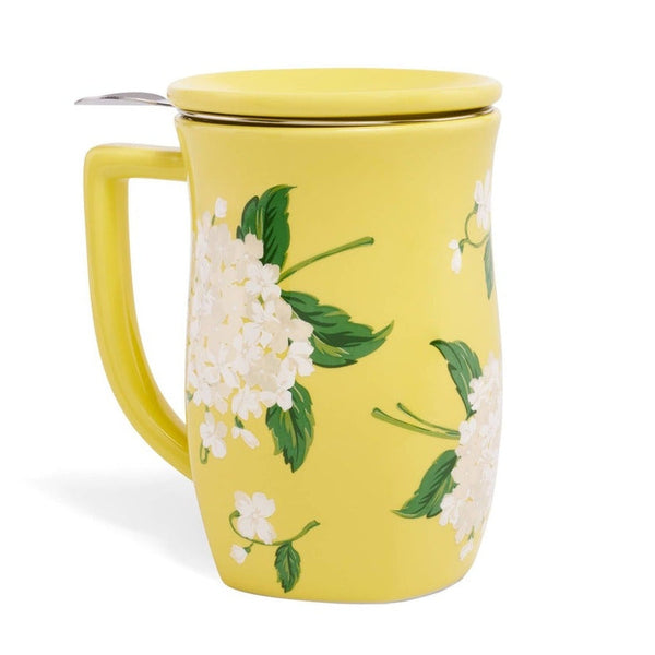 Yellow Hydrangea Fiore steeping cup with white floral design and metal infuser lid