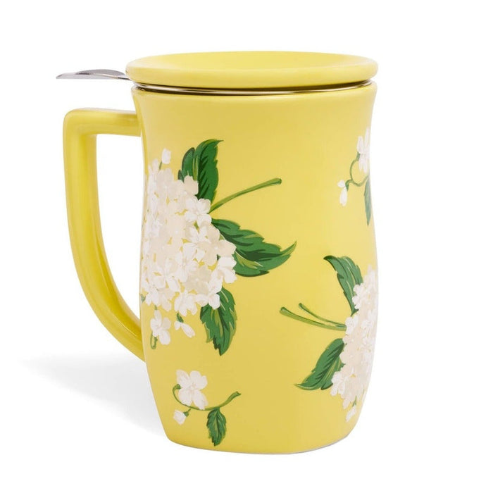 Yellow Hydrangea Fiore steeping cup with white floral design and metal infuser lid