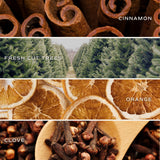 Happy Holidays Soy Candle ingredients: cinnamon sticks, fresh cut trees, orange slices, clove