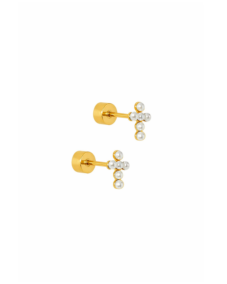 LINNY CO | Screwback Stud Earrings - Clara Cross Pearl