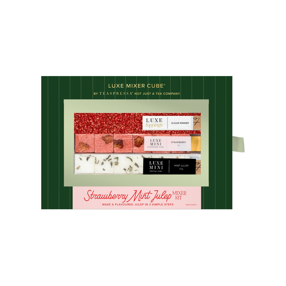 Luxe Mixer Cube Strawberry Mint Julep kit by Teaspressa with sugar rimmer and mini champagne cubes