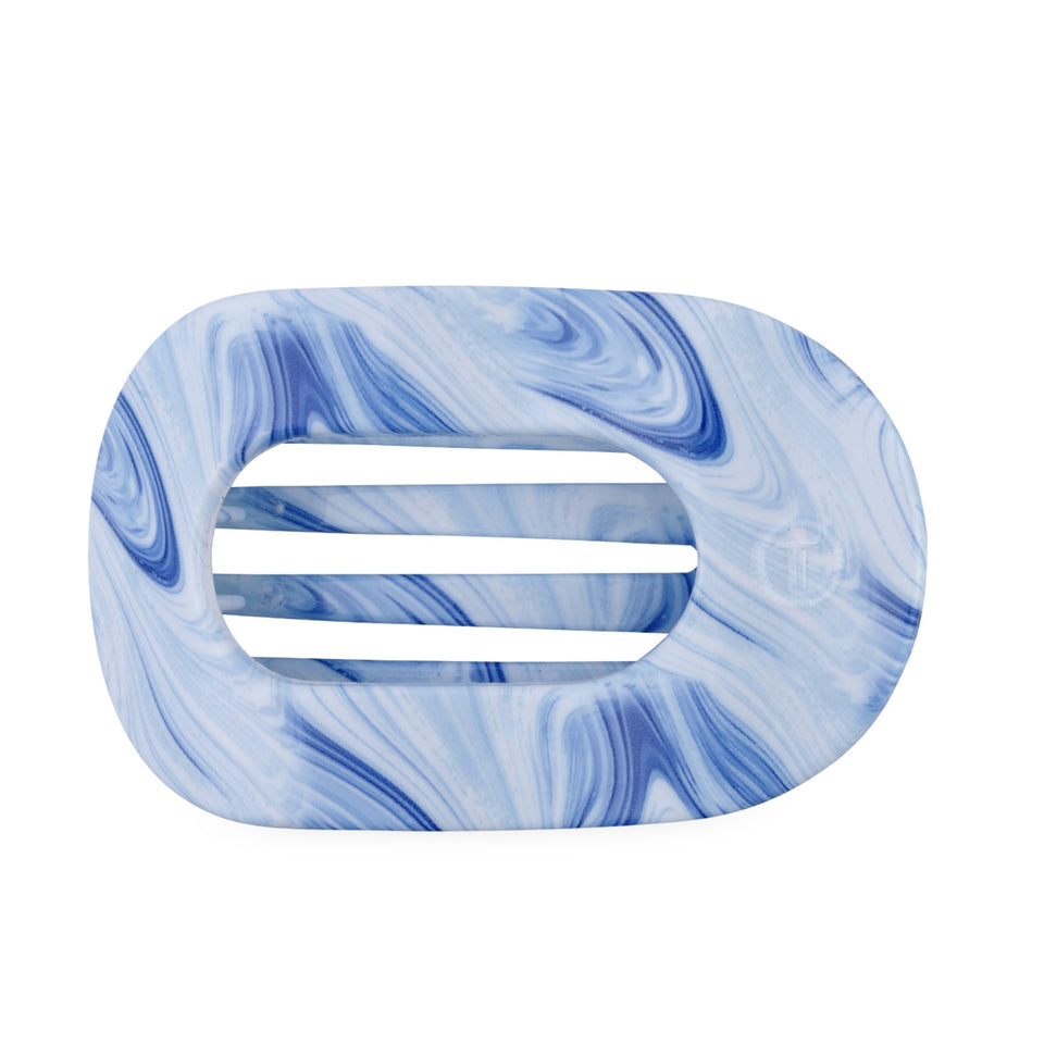 TELETIES Tide & True Large Flat Round Hair Clip in blue marble pattern on black background