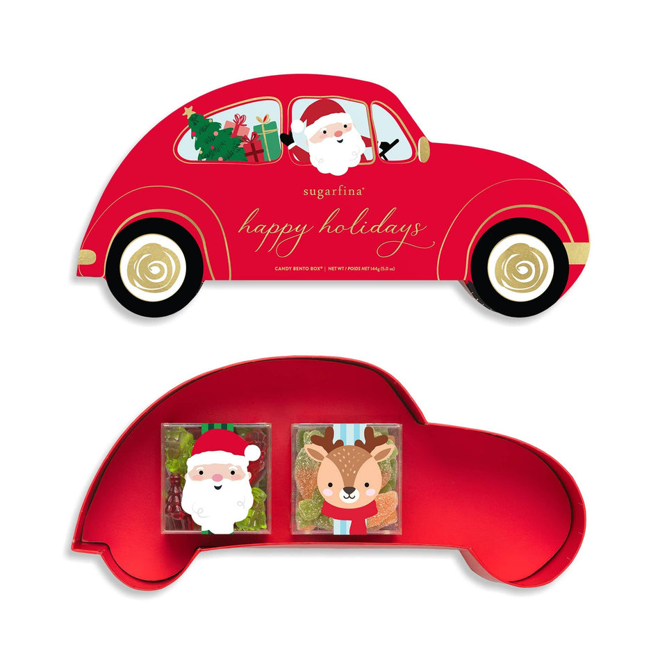 Red Santa car-shaped candy bento box with gold wheels and festive holiday graphics
