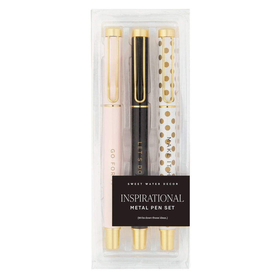 Sweet Water Decor Inspirational Metal Pen Set with three gold-trimmed pens in cream, black, and white polka dot designs