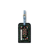 Rifle Paper Co. Rosette black floral luggage tag with light blue leather strap and gold buckle