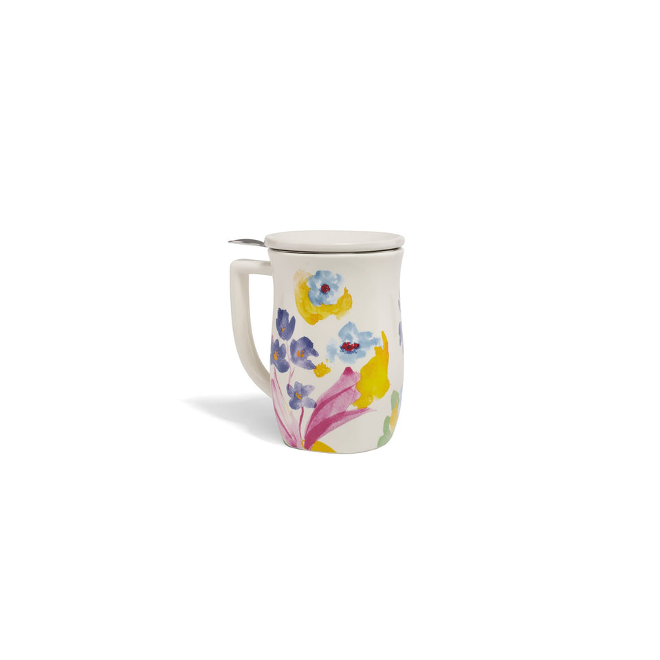 Volaré Fiore steeping cup with infuser featuring colorful watercolor floral design on white ceramic