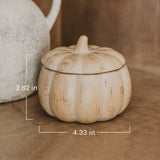 Pumpkin spice soy candle 8 oz jar with measurements: 4.33 in width, 3.62 in height