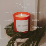 Ho Ho Ho 15 oz soy candle with product features: cotton wick, phthalate-free, non-toxic, 70+ hour burn time