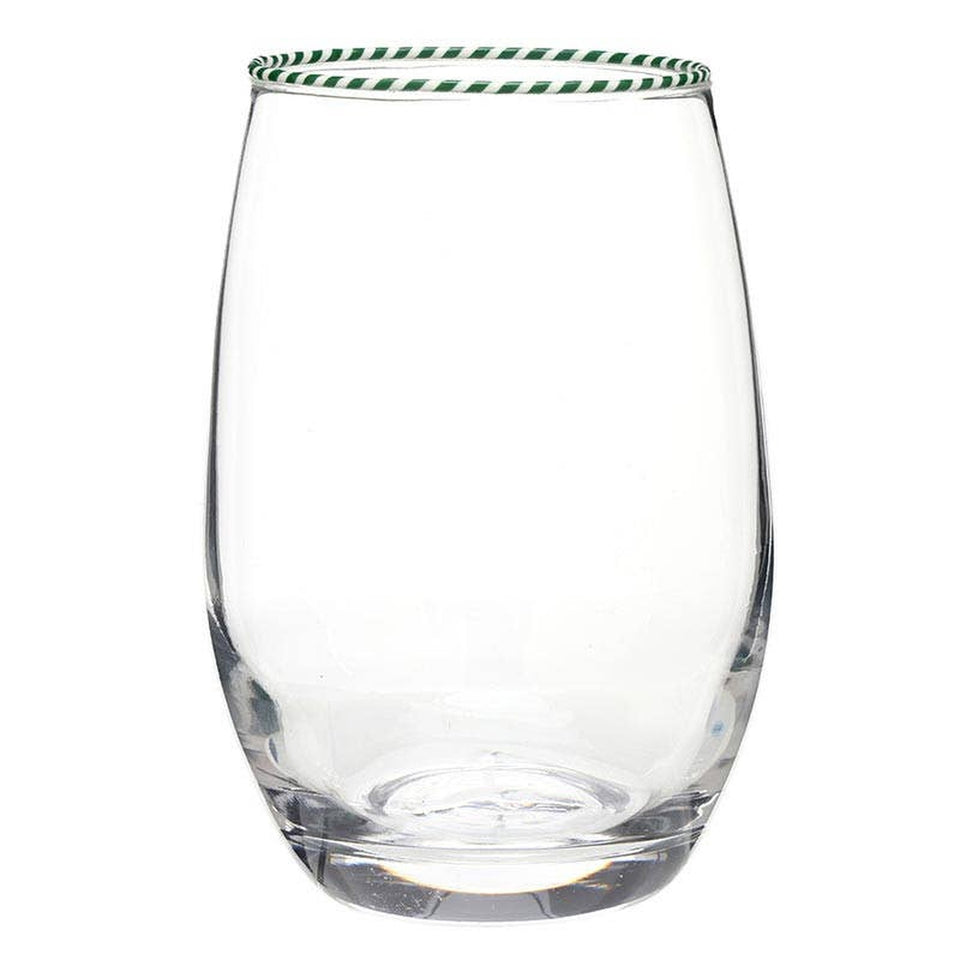 Peppermint Twist Wine Glass with green and white striped rim on white background