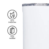 White insulated mug with flame icon showing 3-hour heat retention and triple insulation features