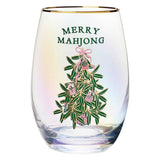 Gold foil stemless wine glass with 'Merry Mahjong' design and mahjong tile decorations