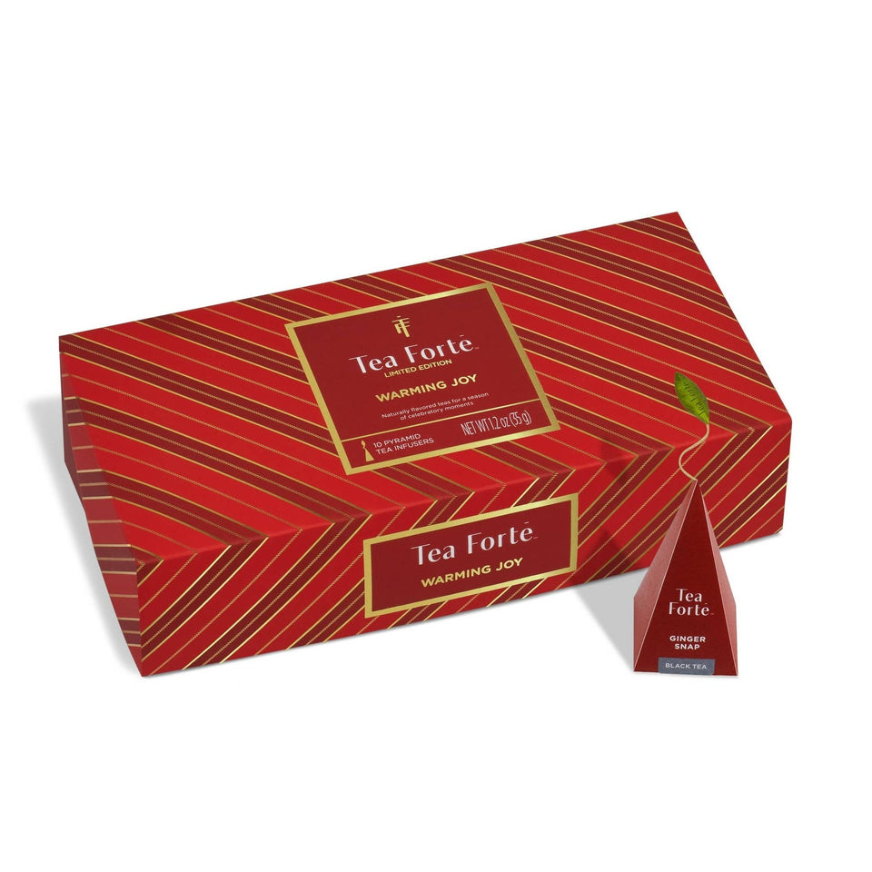 Tea Forte Warming Joy Limited Edition tea box with 10 pyramid tea infusers in red packaging
