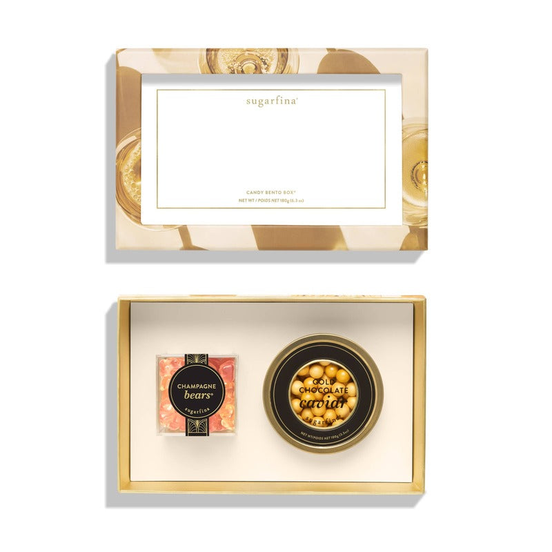Sugarfina Champagne & Caviar 2pc Bento Box with gold chocolate caviar and champagne bears