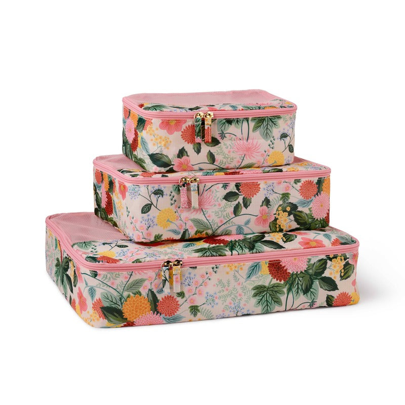 Rifle Paper Co. Dahlia Packing Cube Set with three floral-printed nesting cubes in pink