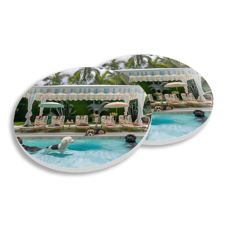 Set of 4 ceramic coasters featuring playful pool dogs design in tropical poolside setting