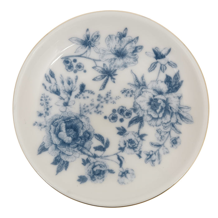 Blue Delft ceramic jewelry dish with hand-painted floral design and gold rim