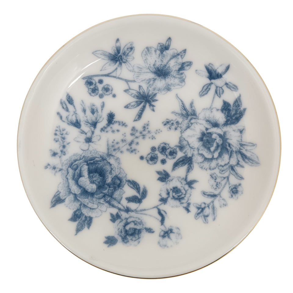 Blue Delft ceramic jewelry dish with hand-painted floral design and gold rim