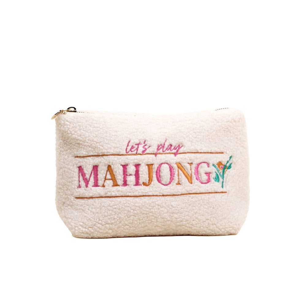 Cream teddy pouch with colorful embroidered 'Let's Play Mahjong' text and floral design