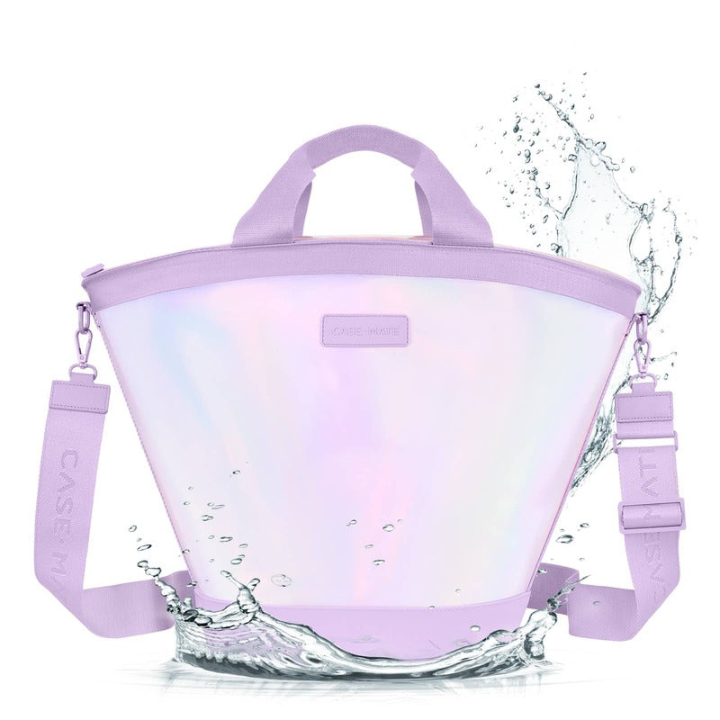 Case-Mate Soap Bubble Cooler Tote in lavender with water splash effect on white background