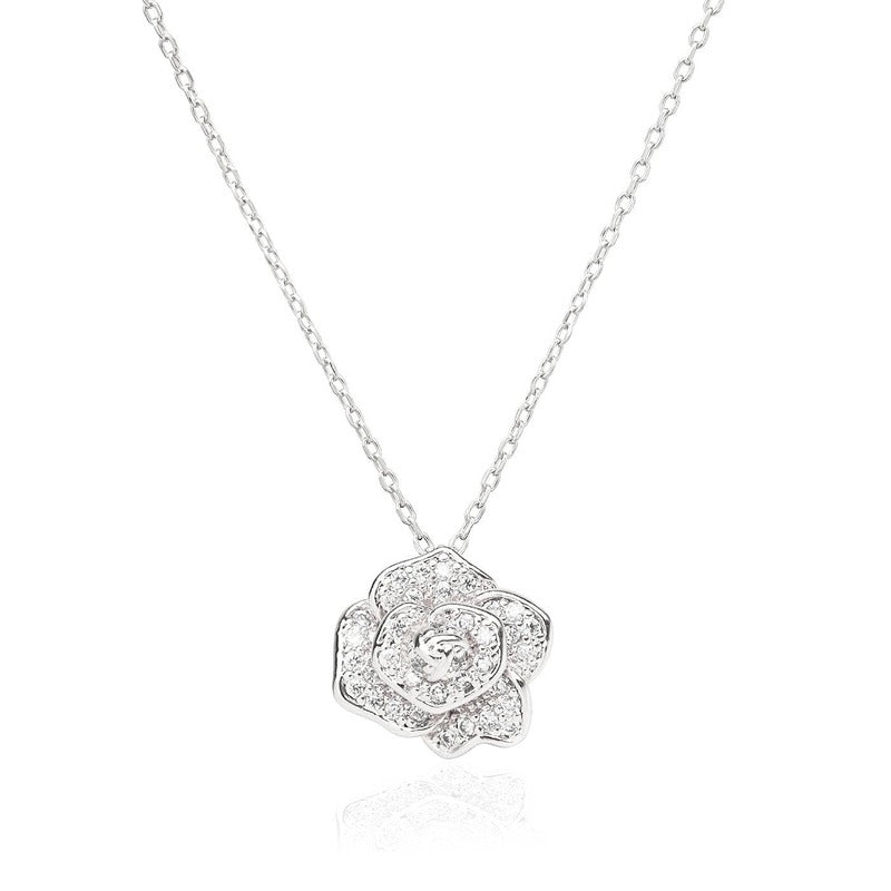 Silver pave rose pendant necklace with cubic zirconia crystals on chain