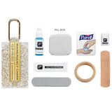 Tinsel Minimergency Charm contents displayed with labeled items including pill box, breath drops, and lip balm
