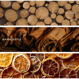 Cozy Season candle scent profile showing Woods, Warm Spice, and Citrus notes
