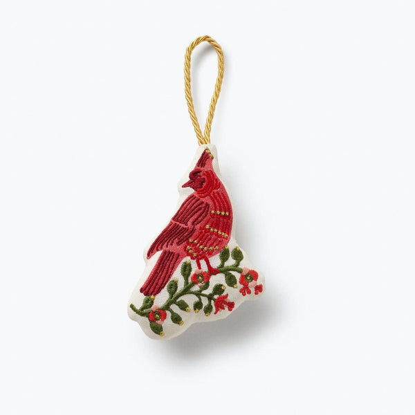 Red cardinal embroidered ornament with berry branch detail and gold twine loop