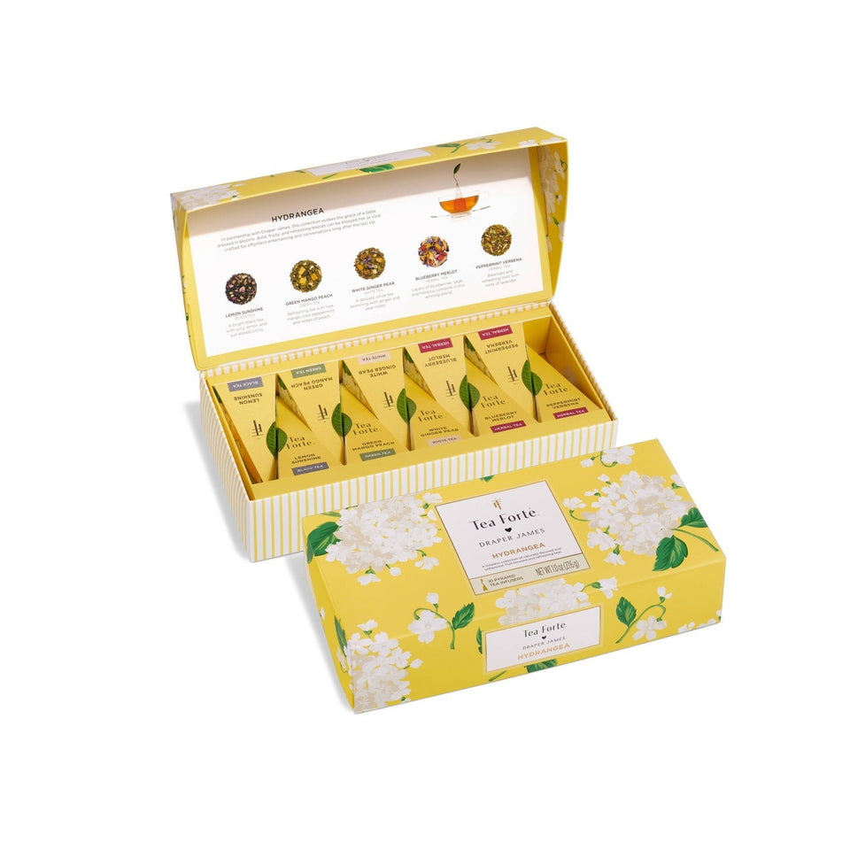 Tea Forte Hydrangea Petite Presentation Box with five loose leaf tea varieties and honey crystals