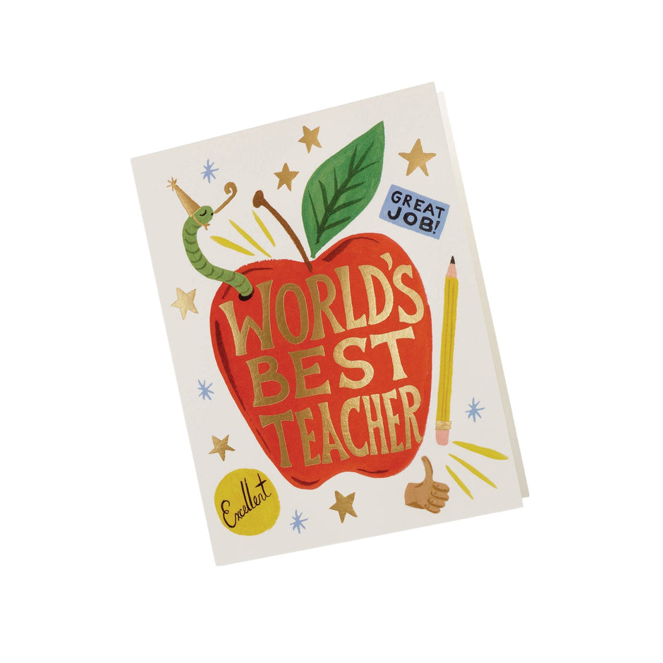 Rifle Paper Co. World's Best Teacher greeting card with red apple and celebratory design