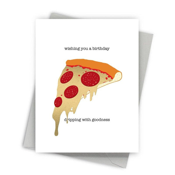 Cheesy Birthday pizza greeting card with funny pun text and illustrated pepperoni pizza slice
