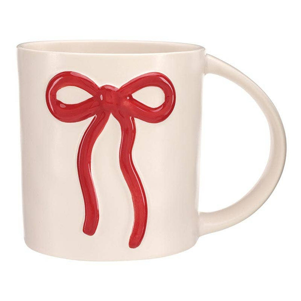 Red bow mug with wide handle on cream ceramic - Santa Barbara Design Studio