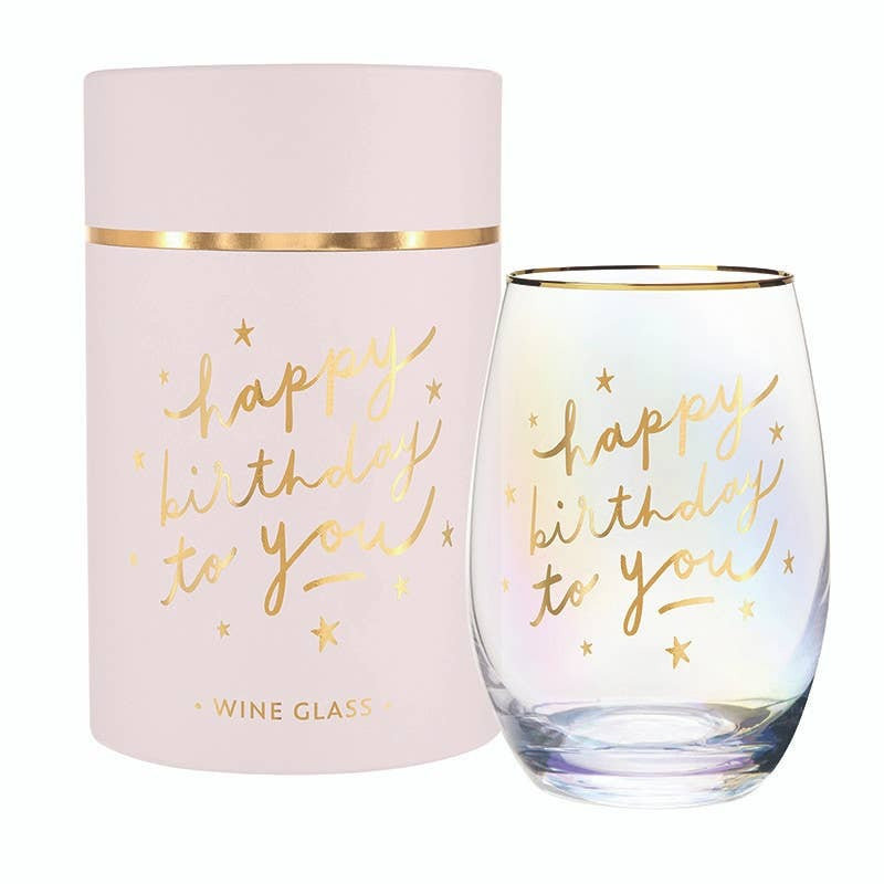 Gold foil Happy Birthday stemless wine glass with pink gift box packaging