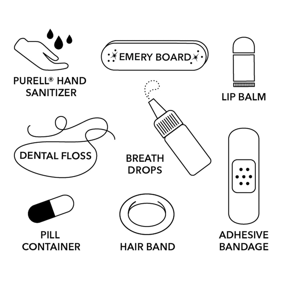 Teacher Minimergency Charm contents diagram showing hand sanitizer, emery board, lip balm, dental floss, breath drops, pill container, hair band, and adhesive bandage