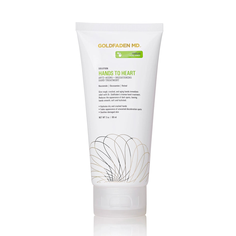 A tube of Goldfaden MD Hands to Heart Anti-Aging + Brightening Hand Treatment on a white background.