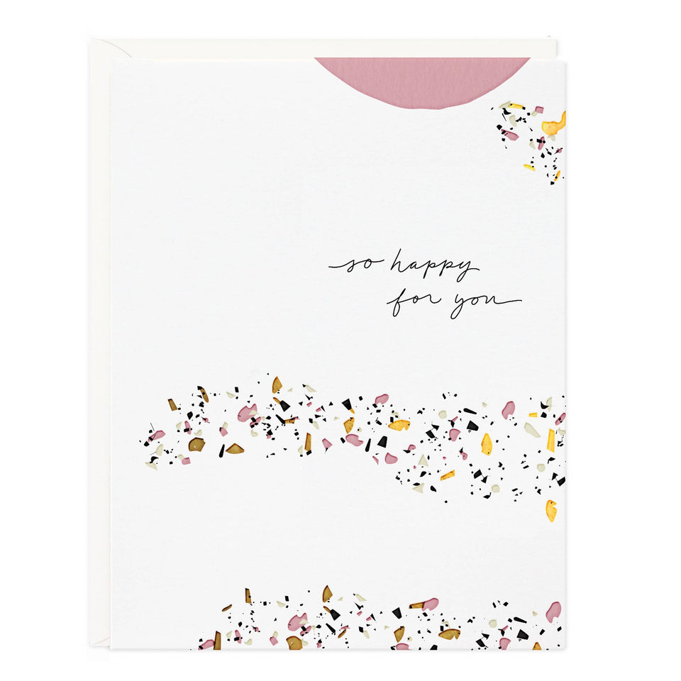 So Happy For You Terrazzo Card with pink envelope and colorful confetti design