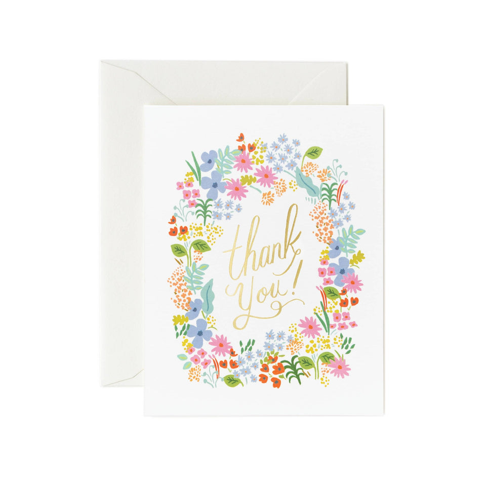 Rifle Paper Co. Prairie Thank You Card with colorful floral wreath design and gold text