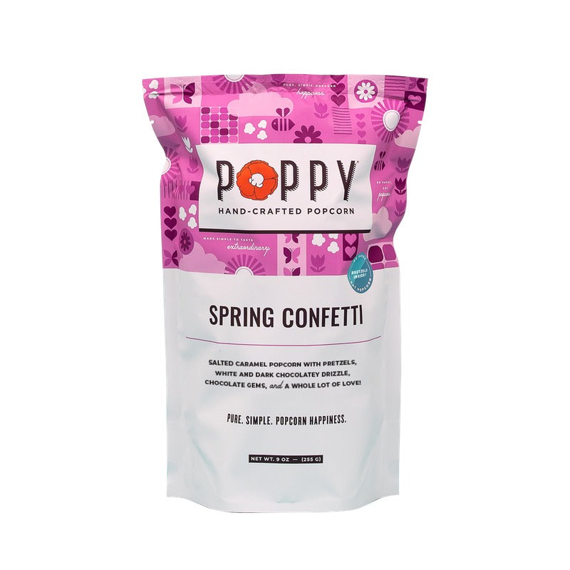 POPPY Spring Confetti hand-crafted popcorn bag with salted caramel, pretzels, and chocolate drizzle