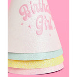 Pastel glitter birthday party hats with pink 'Birthday Girl' text and multicolor bands